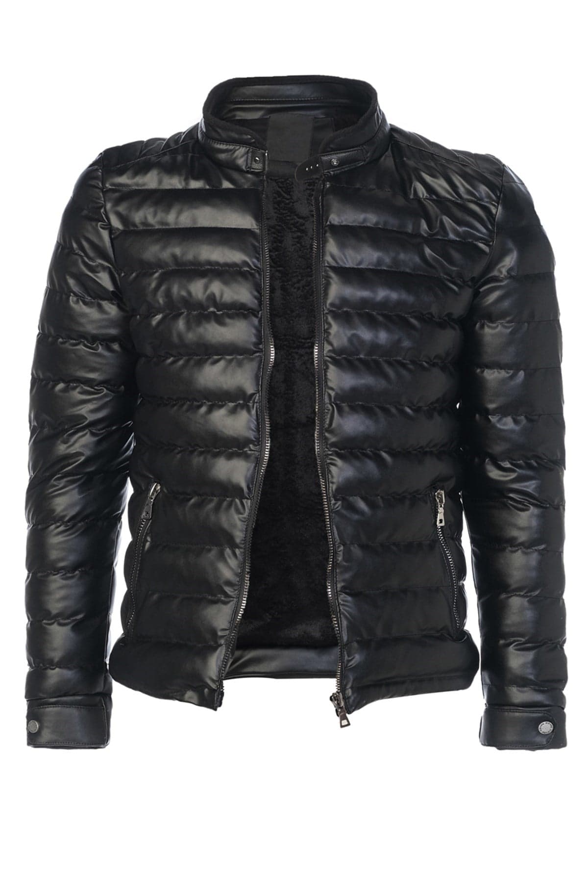 Sivaist Erkek Siyah Slim Fit İçi Kalın Kürklü Su İtici Şişme Deri Ceket & Mont